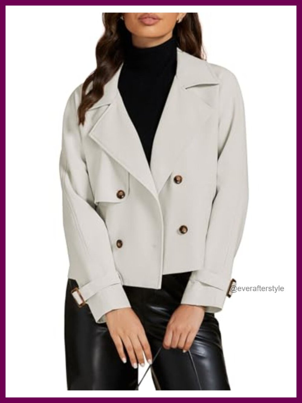 Cropped Trench Coat Women Loose Fit Double Breasted Notched Lapel Pockets